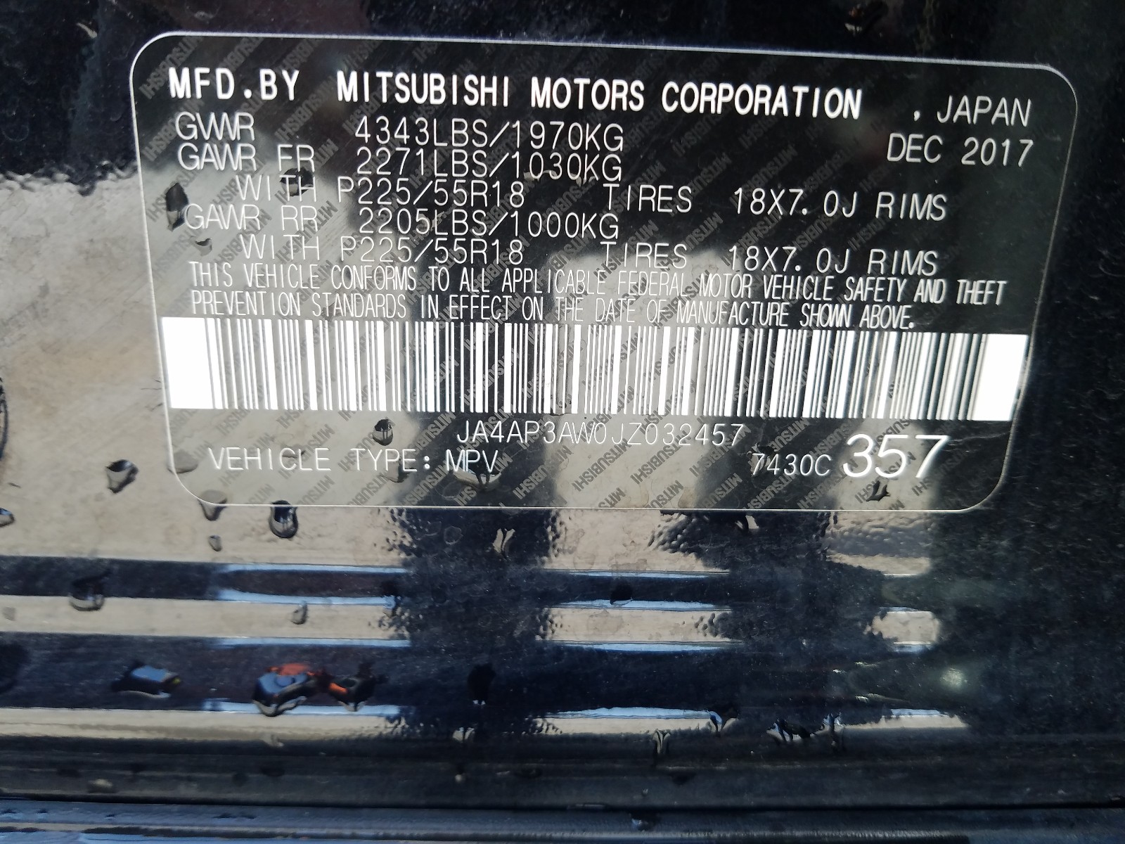 Photo 10 from auction – 2018 MITSUBISHI OUTLANDER with VIN JA4AP3AW0JZ032457