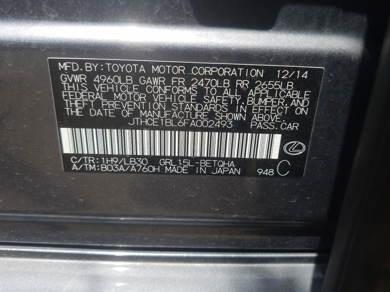 Photo 10 from auction – 2015 LEXUS GS 350 with VIN JTHCE1BL6FA002493