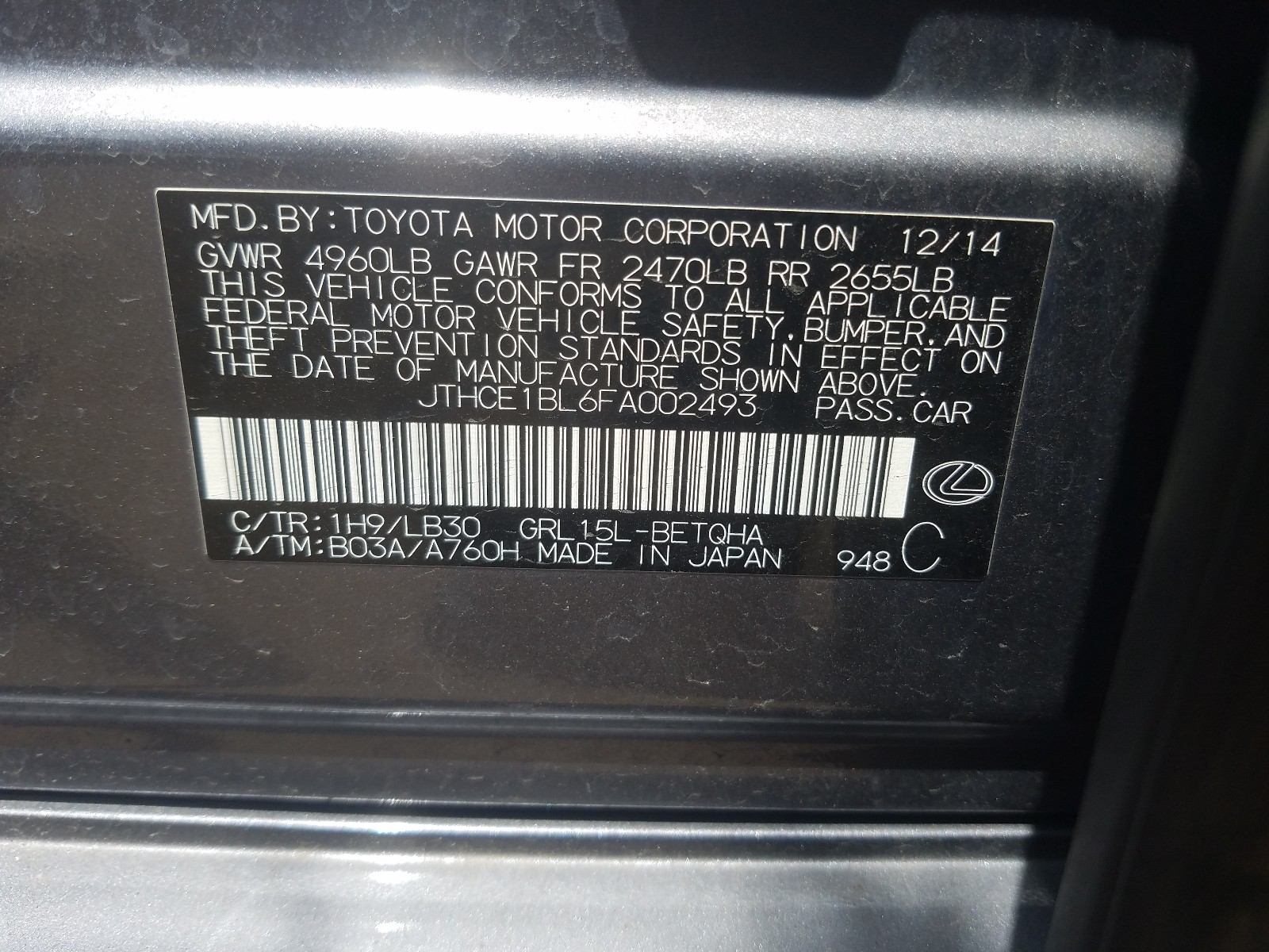 Фото 10 с аукциона – 2015 LEXUS GS 350 с VIN JTHCE1BL6FA002493