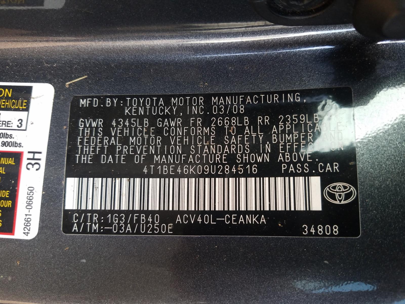 Photo 10 from auction – 2009 TOYOTA CAMRY BASE with VIN 4T1BE46K09U284516