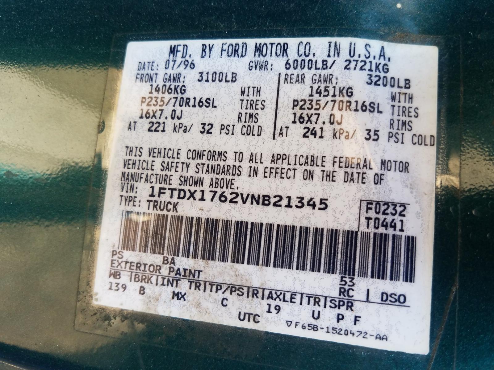 Photo 10 from auction – 1997 FORD F150 with VIN 1FTDX1762VNB21345