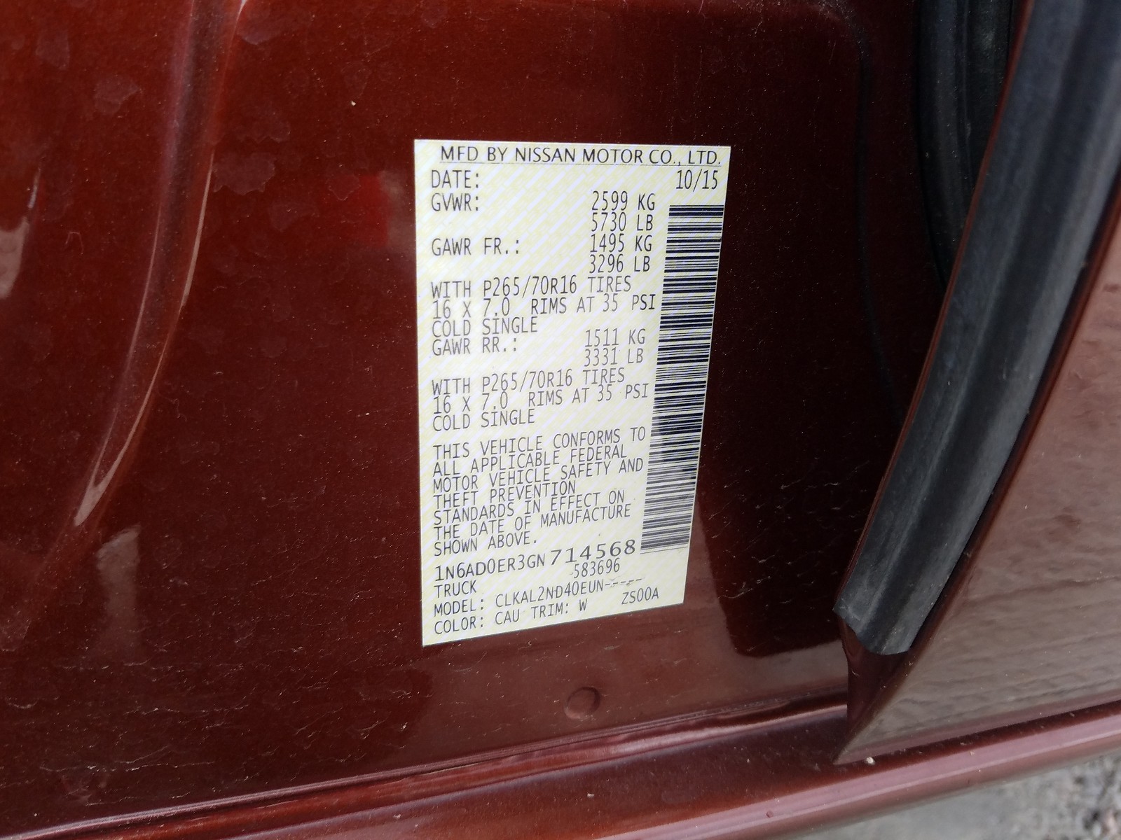 Photo 10 from auction – 2016 NISSAN FRONTIER S with VIN 1N6AD0ER3GN714568