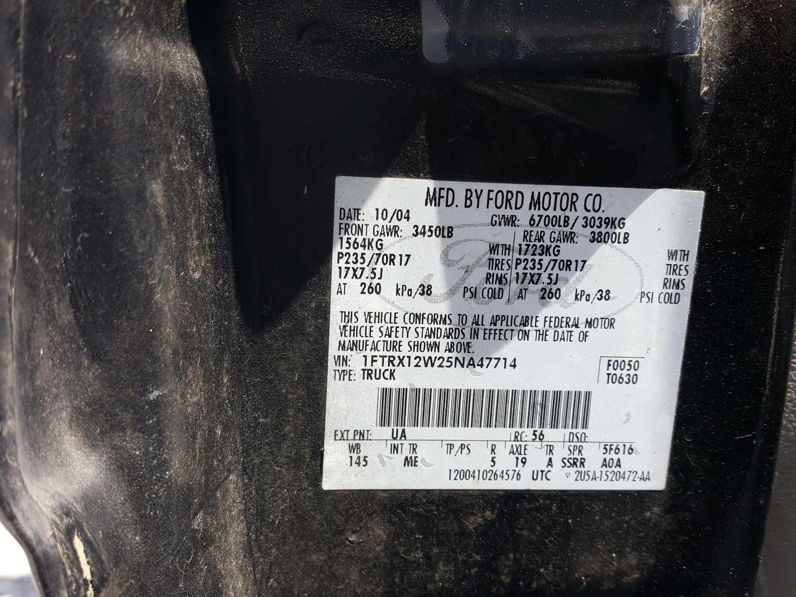 Photo 10 from auction – 2005 FORD F150 with VIN 1FTRX12W25NA47714