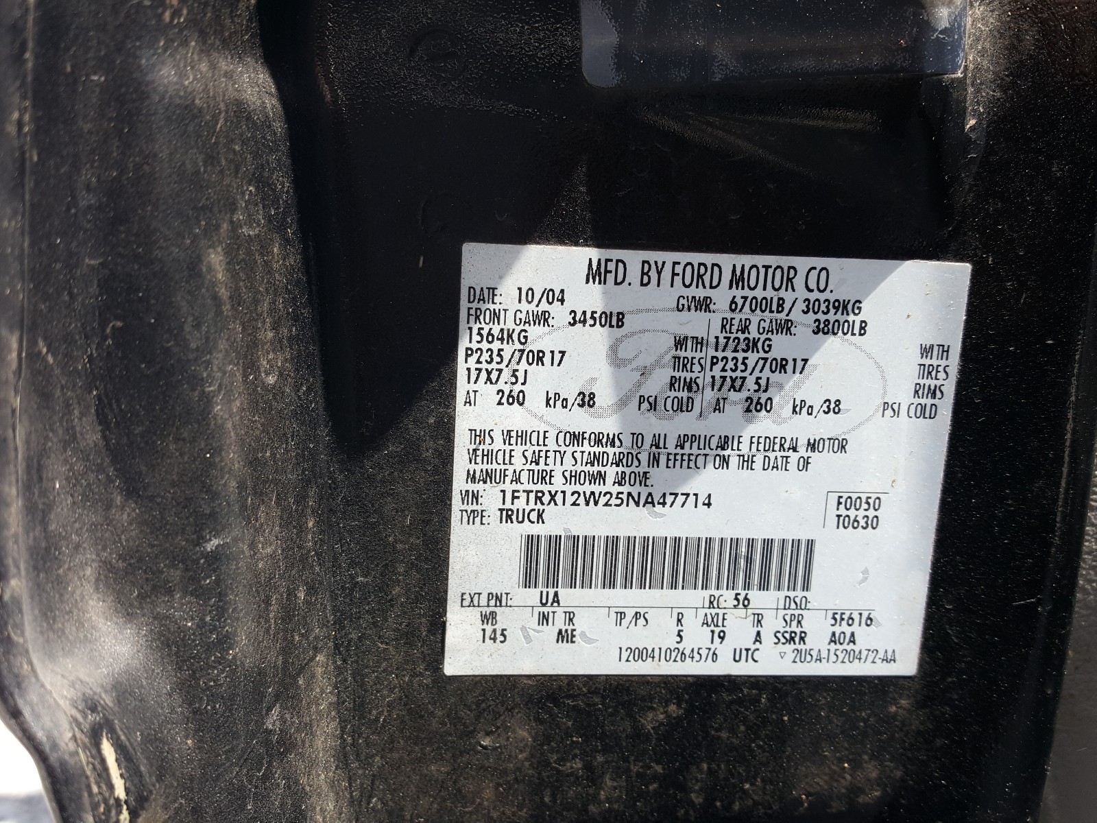 Zdjęcie 10 z aukcji – 2005 FORD F150 z VIN 1FTRX12W25NA47714