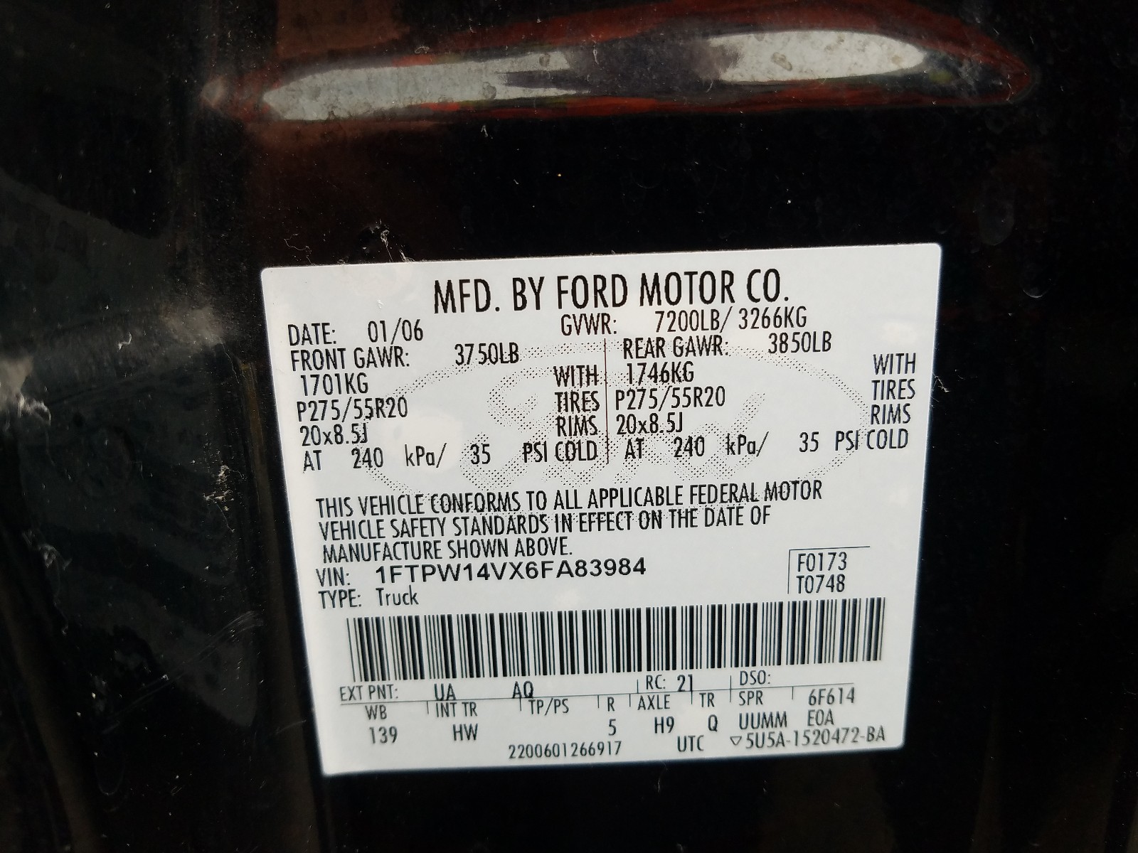 Photo 10 from auction – 2006 FORD F150 SUPER with VIN 1FTPW14VX6FA83984