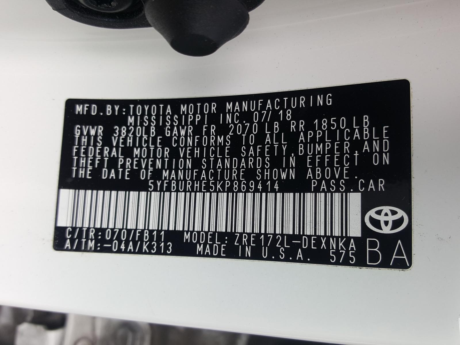 Photo 10 from auction – 2019 TOYOTA COROLLA L with VIN 5YFBURHE5KP869414