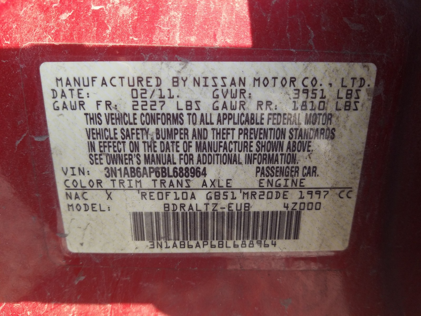 Photo 10 from auction – 2011 NISSAN SENTRA 2.0 with VIN 3N1AB6AP6BL688964