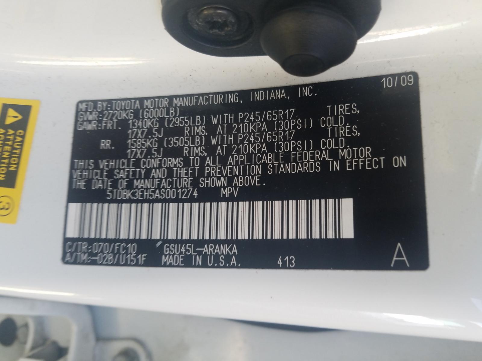 Photo 10 from auction – 2010 TOYOTA HIGHLANDER with VIN 5TDBK3EH5AS001274