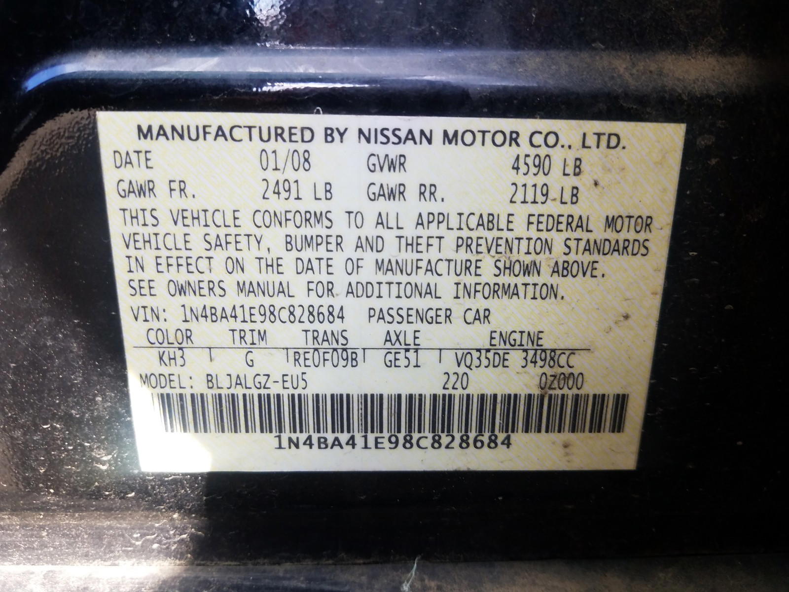 Photo 10 from auction – 2008 NISSAN MAXIMA SE with VIN 1N4BA41E98C828684