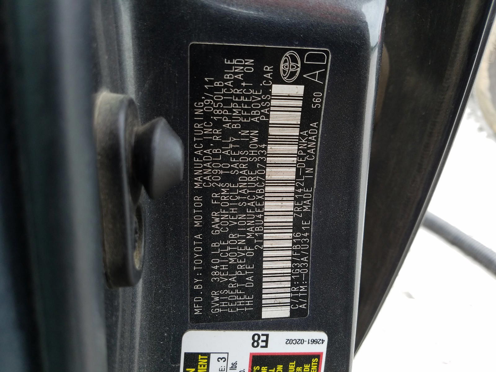 Photo 10 from auction – 2011 TOYOTA COROLLA BA with VIN 2T1BU4EEXBC707334