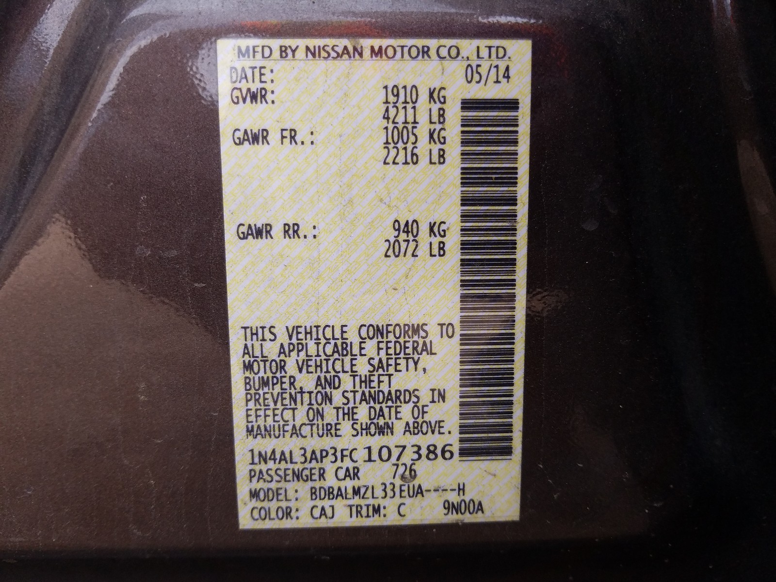 Photo 10 from auction – 2015 NISSAN ALTIMA 2.5 with VIN 1N4AL3AP3FC107386