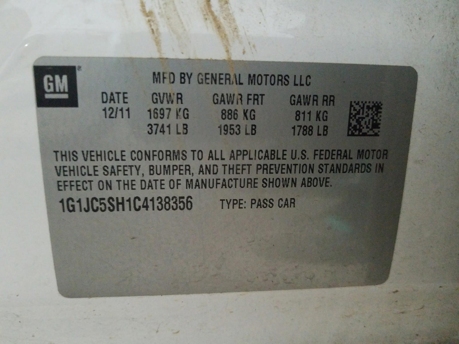 Photo 10 from auction – 2012 CHEVROLET SONIC LT with VIN 1G1JC5SH1C4138356