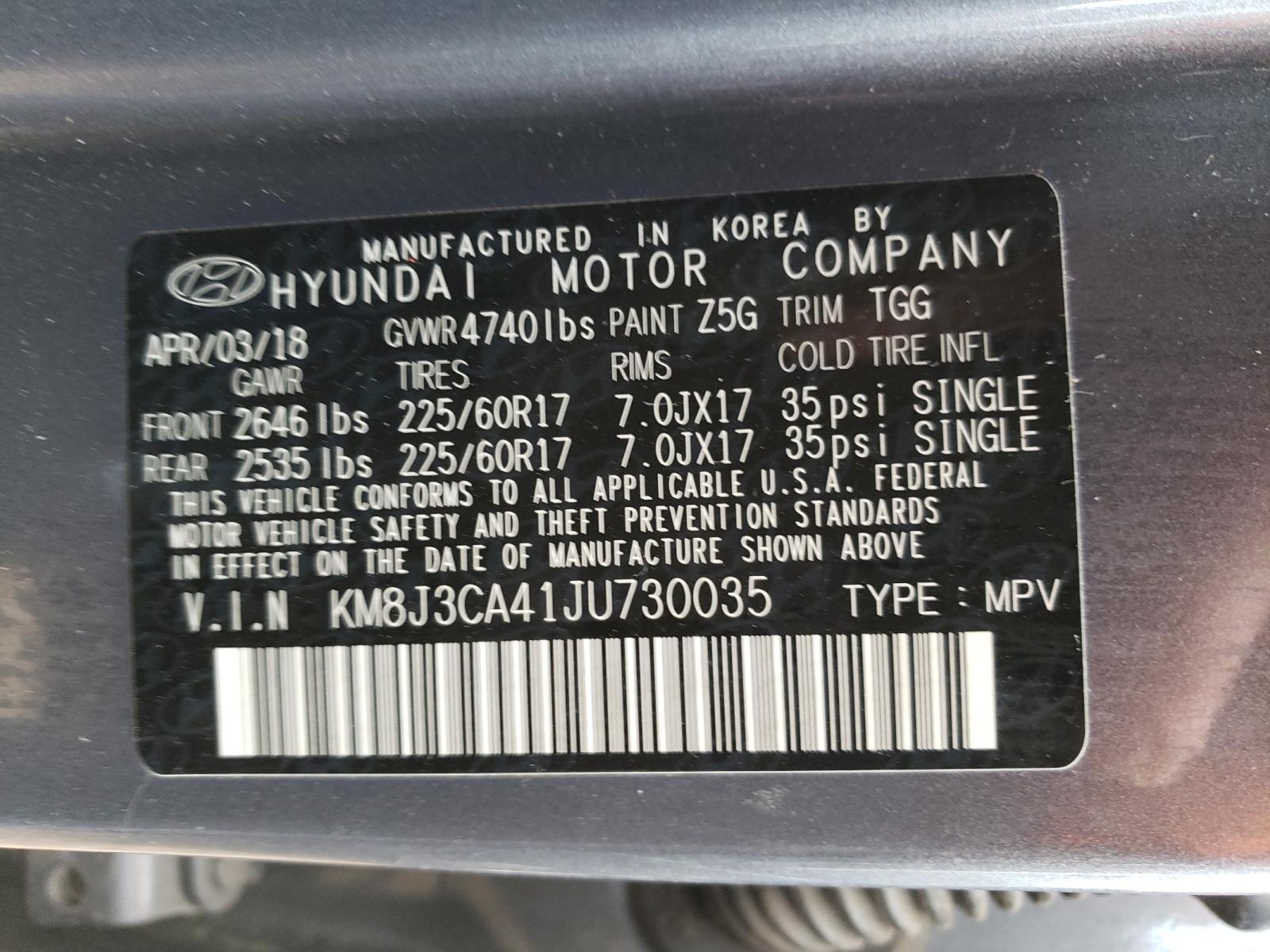Photo 10 from auction – 2018 HYUNDAI TUCSON SEL with VIN KM8J3CA41JU730035