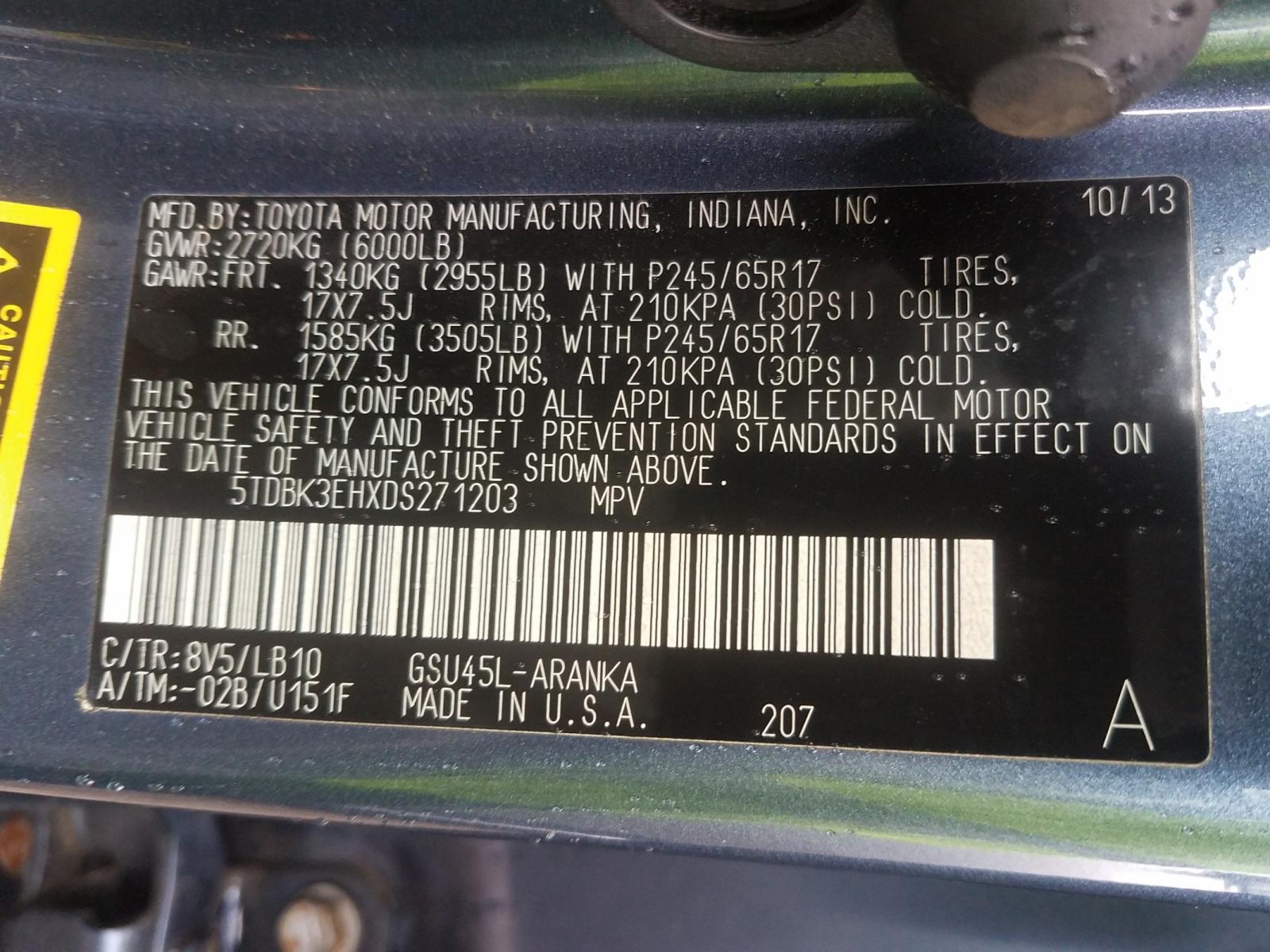 Photo 10 from auction – 2013 TOYOTA HIGHLANDER with VIN 5TDBK3EHXDS271203