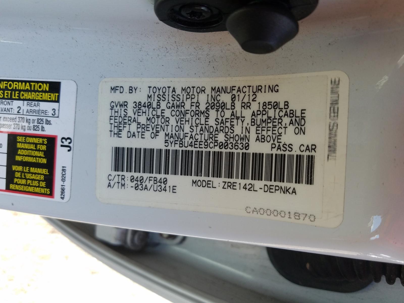 Photo 10 from auction – 2012 TOYOTA COROLLA BA with VIN 5YFBU4EE9CP003630