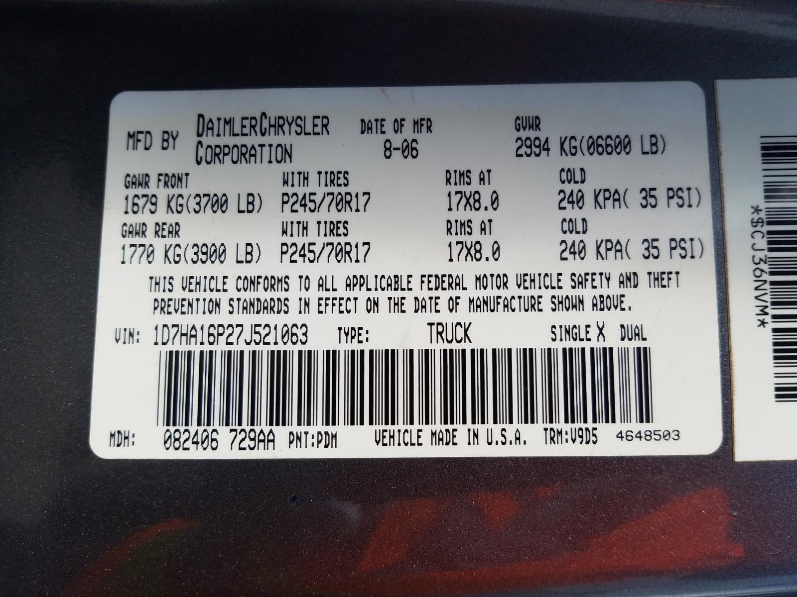 Photo 10 from auction – 2007 DODGE RAM 1500 S with VIN 1D7HA16P27J521063