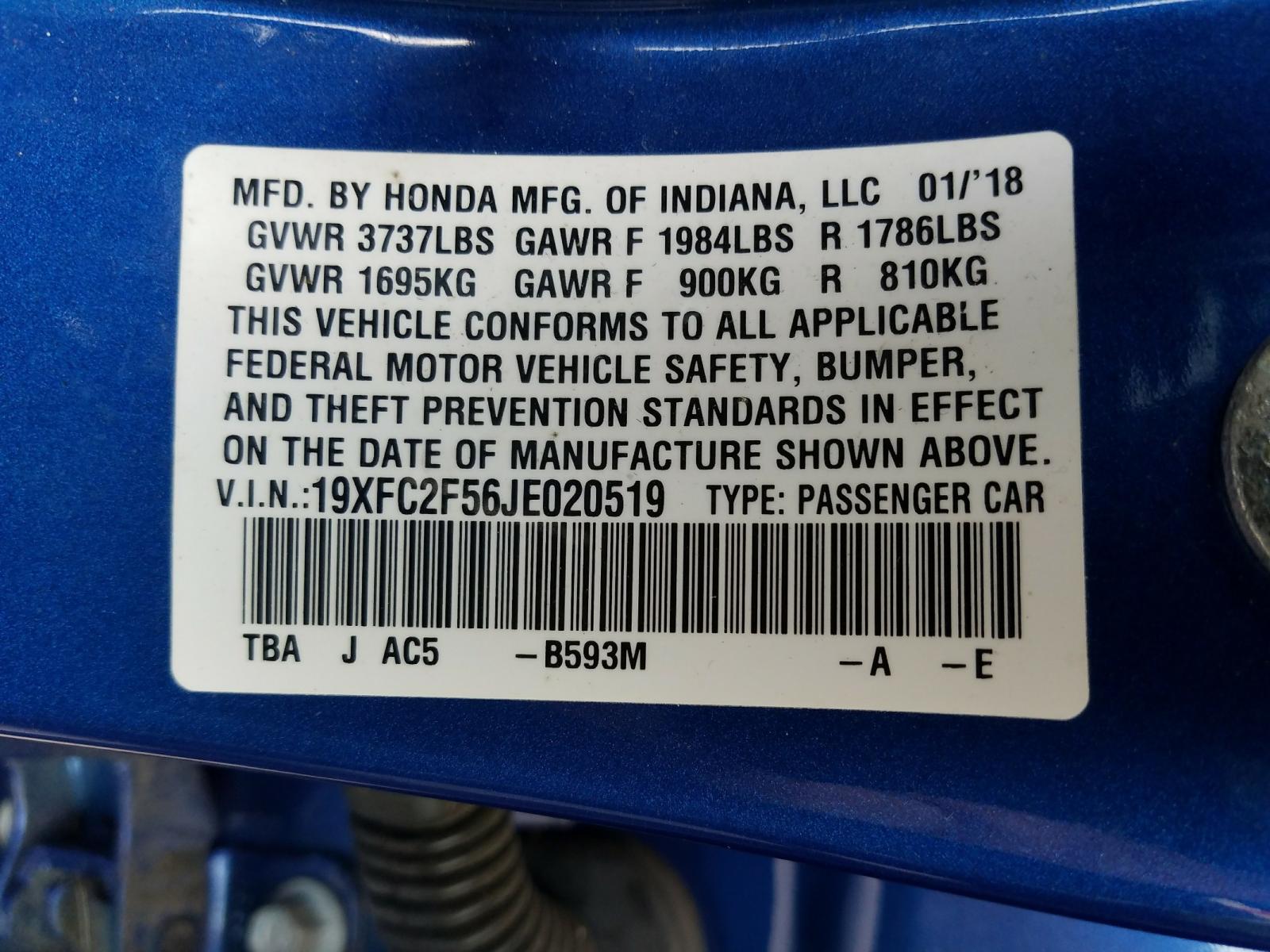 Photo 10 from auction – 2018 HONDA CIVIC LX with VIN 19XFC2F56JE020519