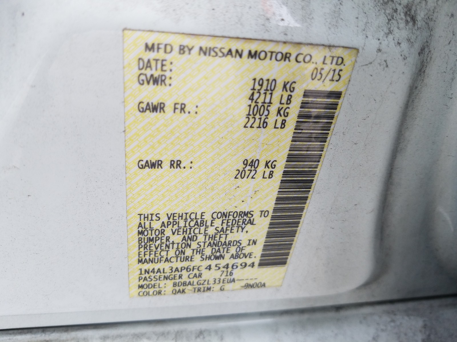 Photo 10 from auction – 2015 NISSAN ALTIMA 2.5 with VIN 1N4AL3AP6FC454694