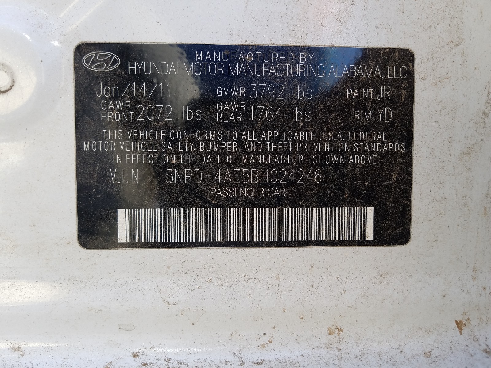 Photo 10 from auction – 2011 HYUNDAI ELANTRA GL with VIN 5NPDH4AE5BH024246