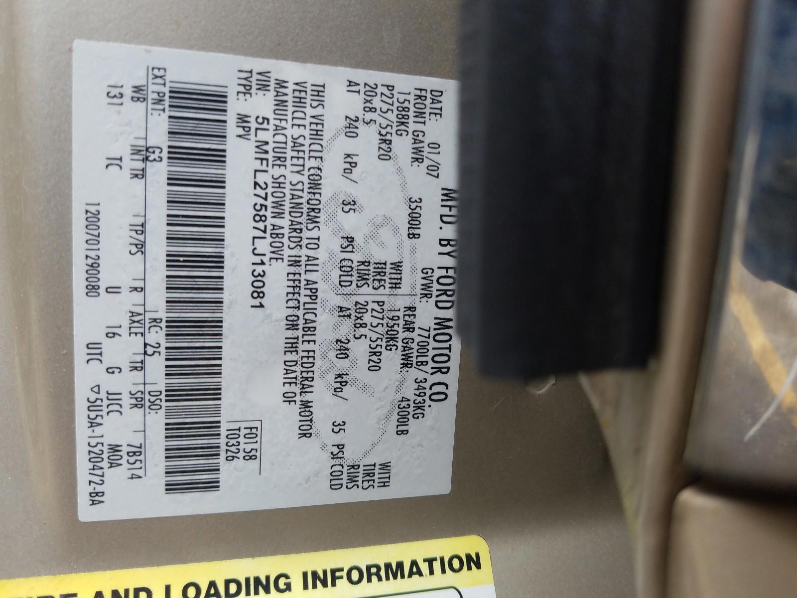 Photo 10 from auction – 2007 LINCOLN NAVIGATOR with VIN 5LMFL27587LJ13081