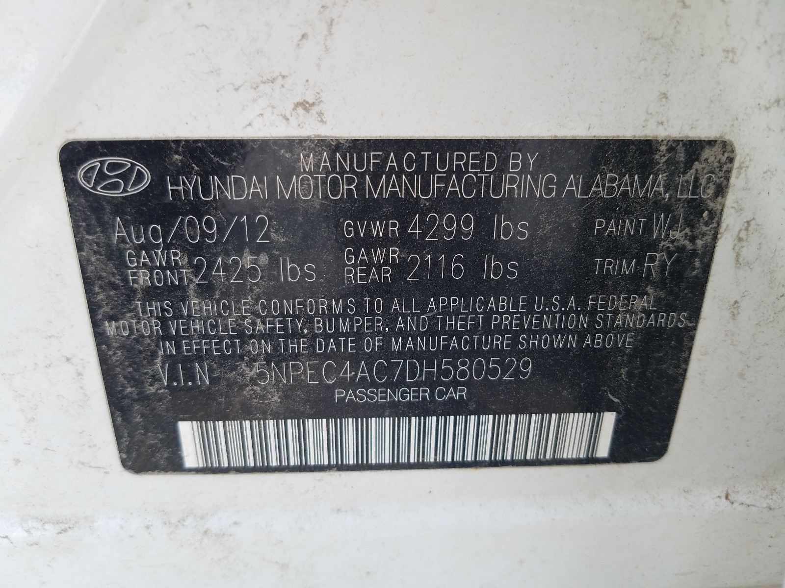 Photo 10 from auction – 2013 HYUNDAI SONATA SE with VIN 5NPEC4AC7DH580529