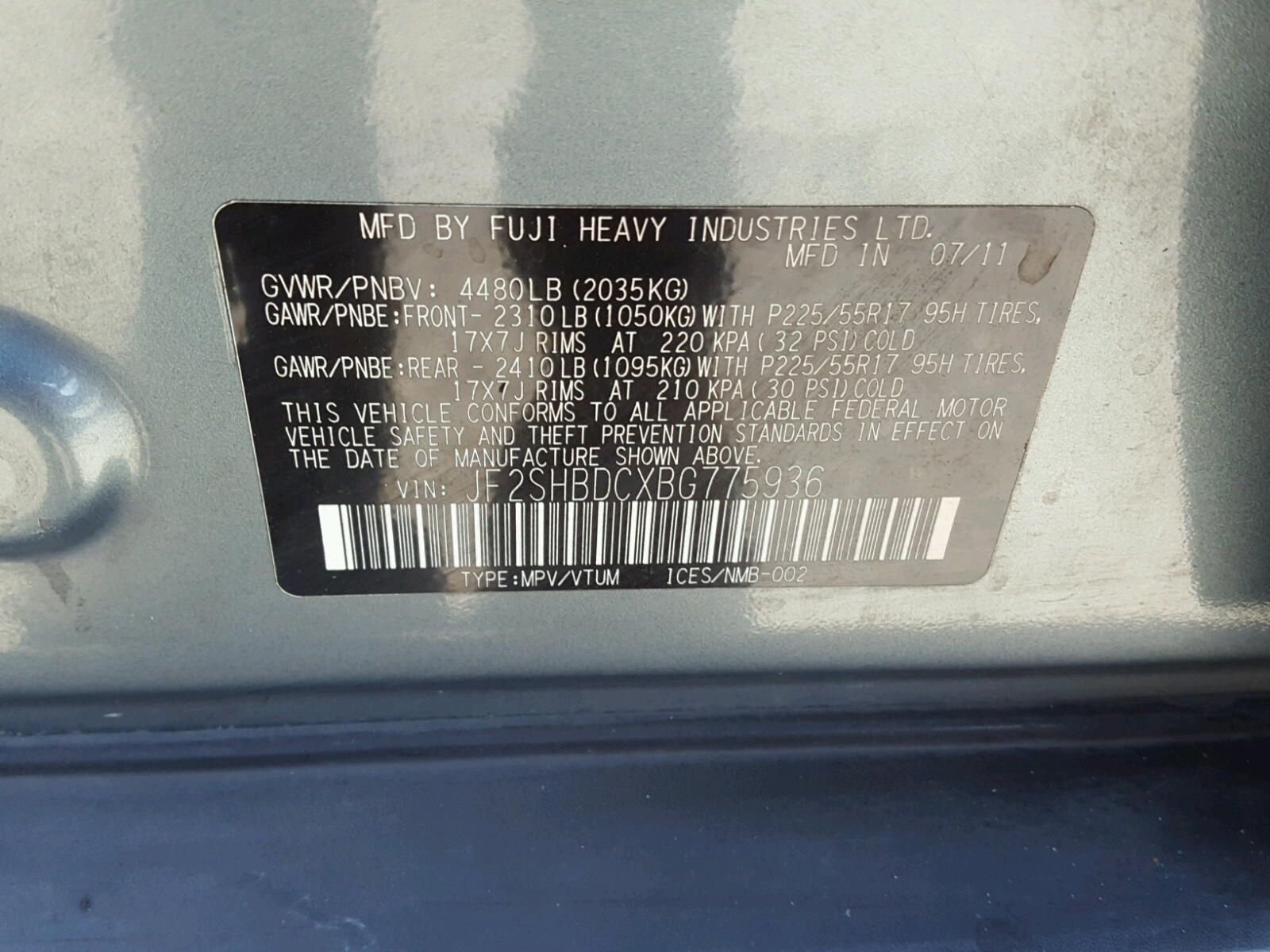 Photo 10 from auction – 2011 SUBARU FORESTER 2 with VIN JF2SHBDCXBG775936