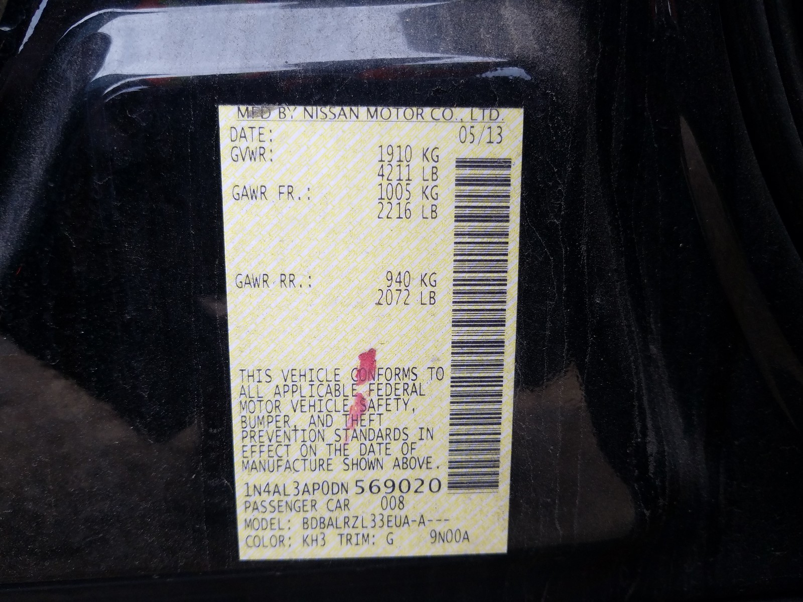Photo 10 from auction – 2013 NISSAN ALTIMA 2.5 with VIN 1N4AL3AP0DN569020