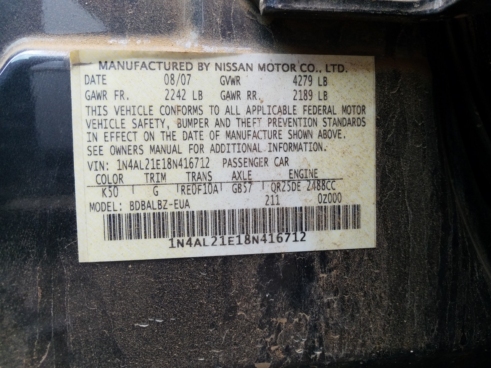 Photo 10 from auction – 2008 NISSAN ALTIMA 2.5 with VIN 1N4AL21E18N416712