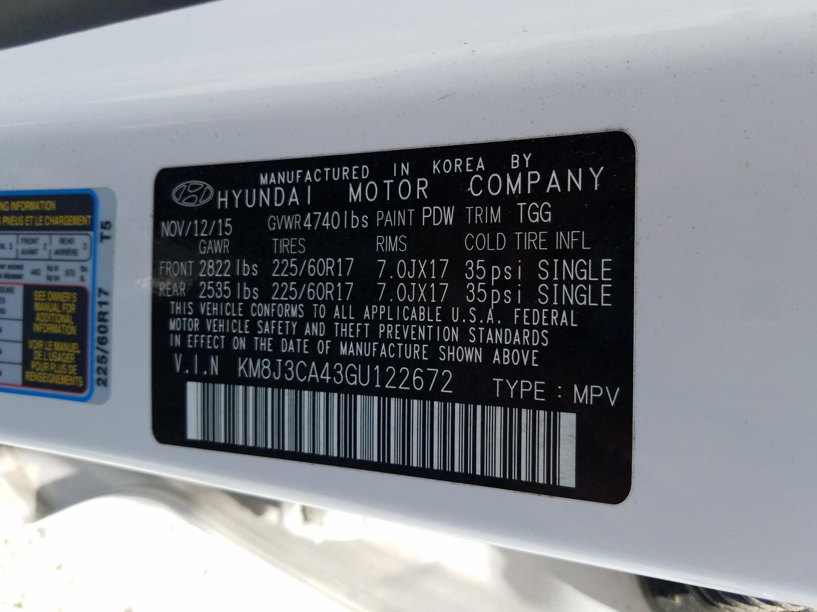 Photo 10 from auction – 2016 HYUNDAI TUCSON LIM with VIN KM8J3CA43GU122672