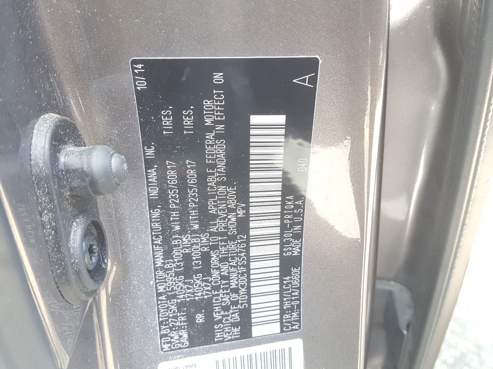 Photo 10 from auction – 2015 TOYOTA SIENNA XLE with VIN 5TDYK3DC1FS547612