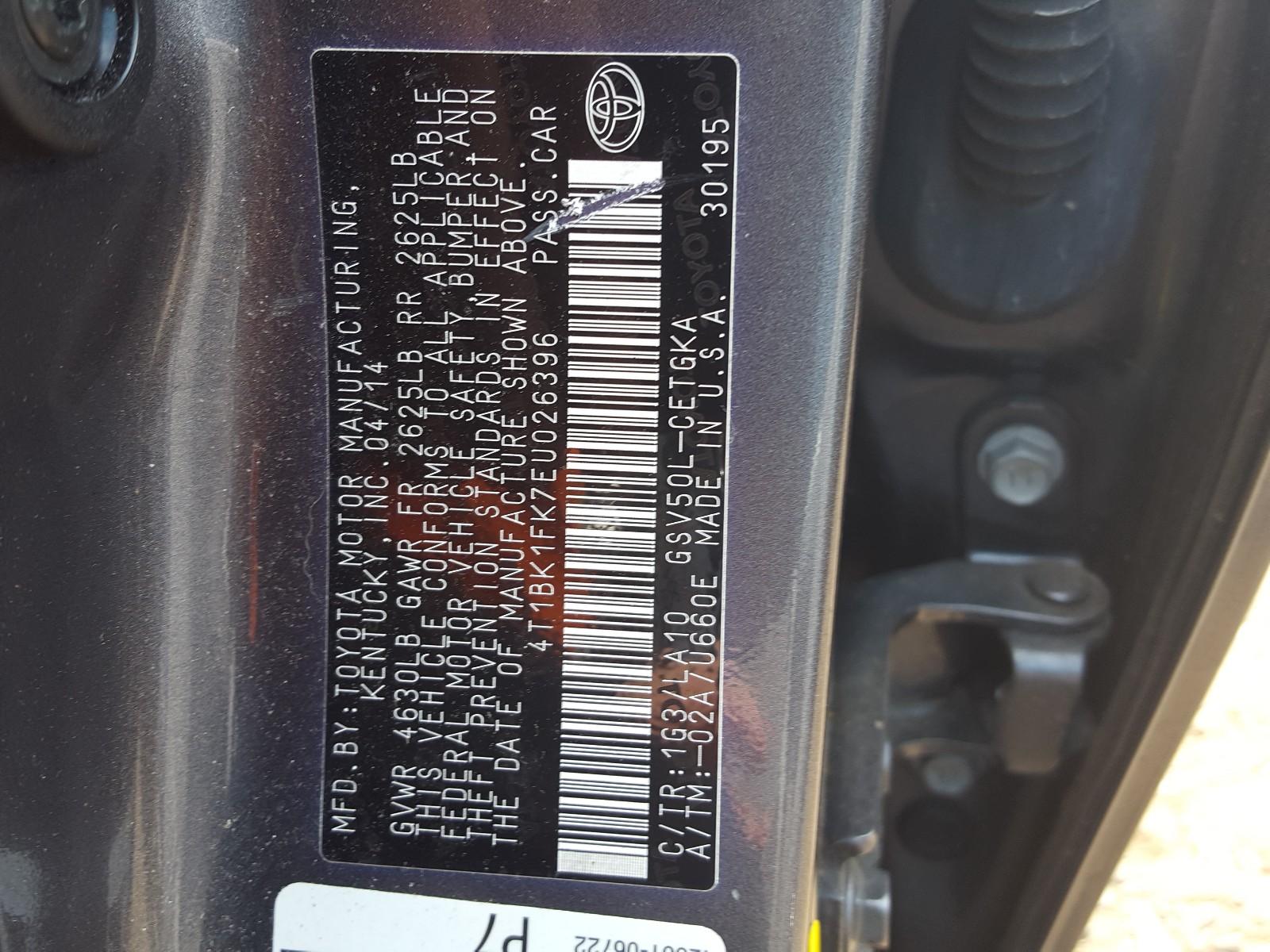 Photo 10 from auction – 2014 TOYOTA CAMRY SE with VIN 4T1BK1FK7EU026396
