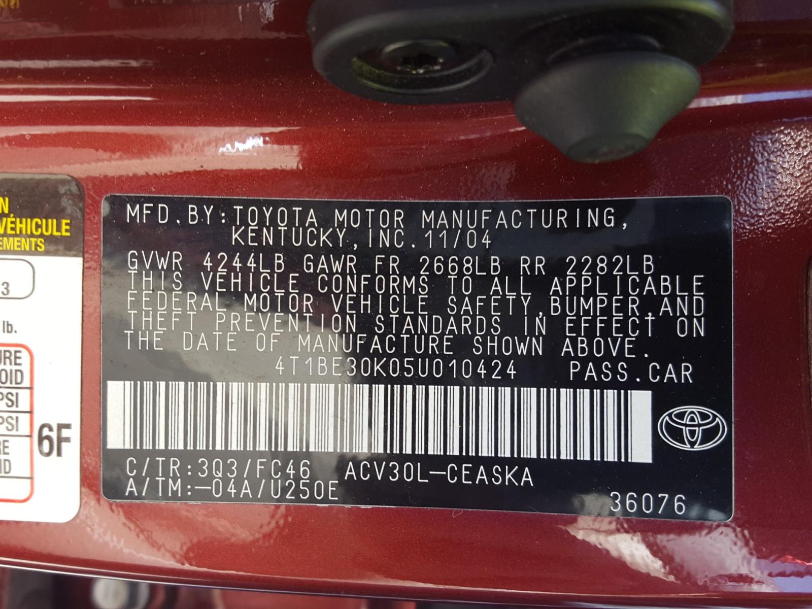 Photo 10 from auction – 2005 TOYOTA CAMRY with VIN 4T1BE30K05U010424