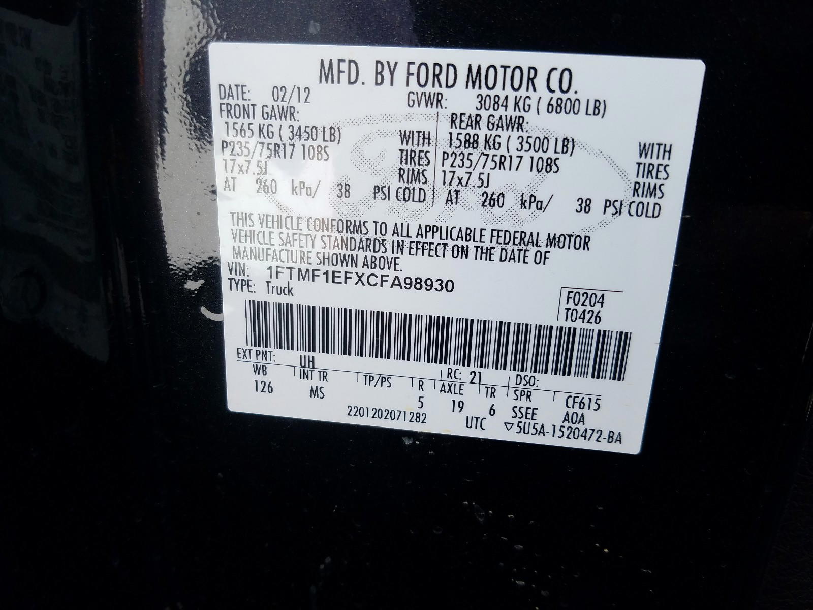 Photo 10 from auction – 2012 FORD F150 with VIN 1FTMF1EFXCFA98930