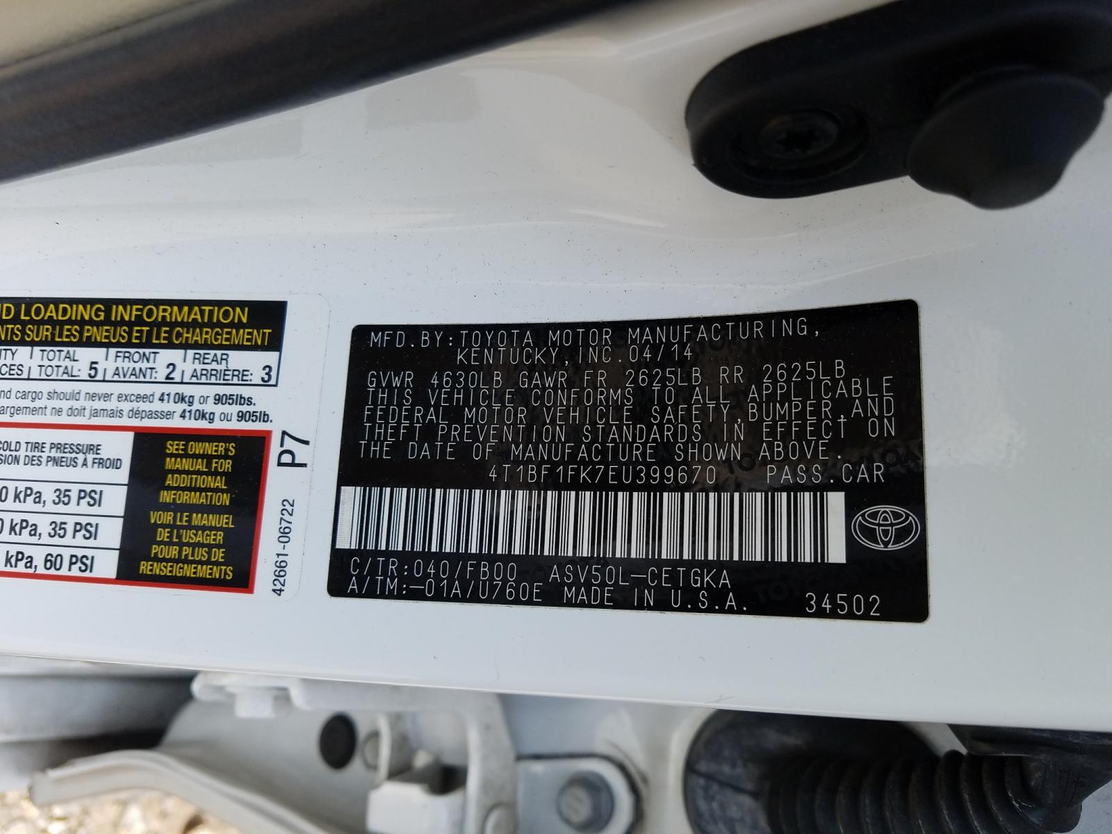 Photo 10 from auction – 2014 TOYOTA CAMRY L with VIN 4T1BF1FK7EU399670