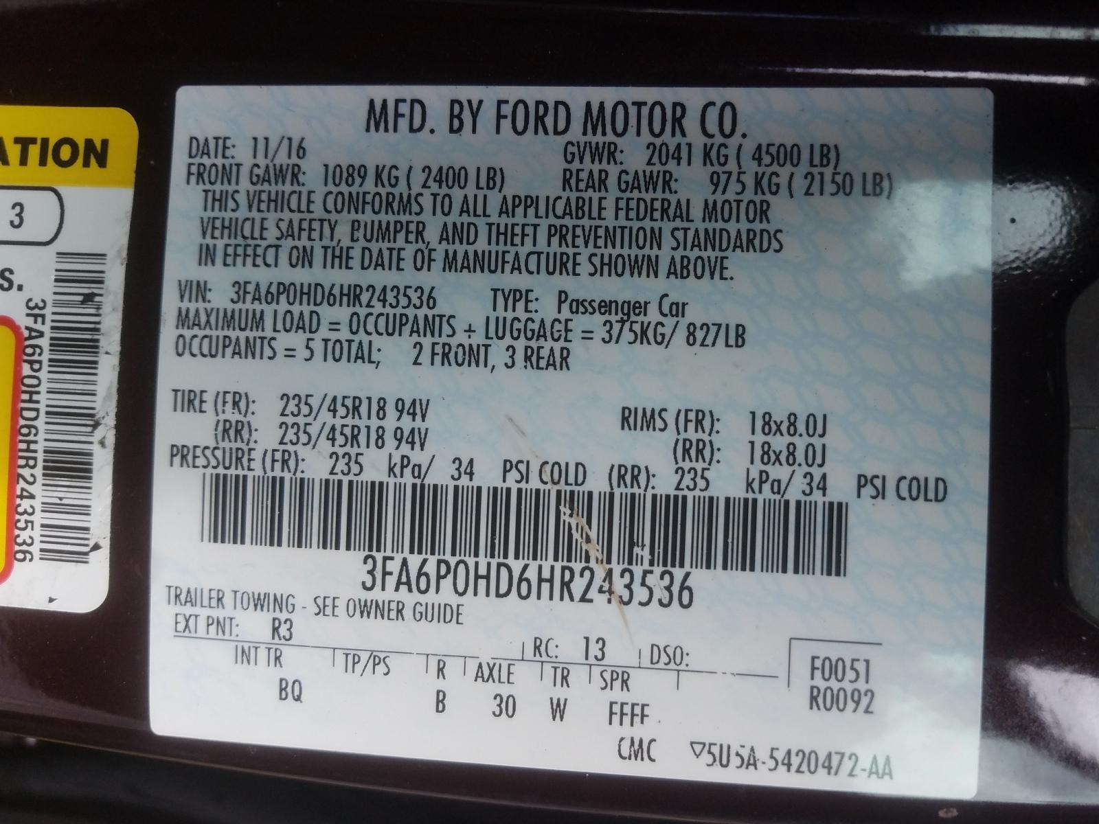 Photo 10 from auction – 2017 FORD FUSION SE with VIN 3FA6P0HD6HR243536