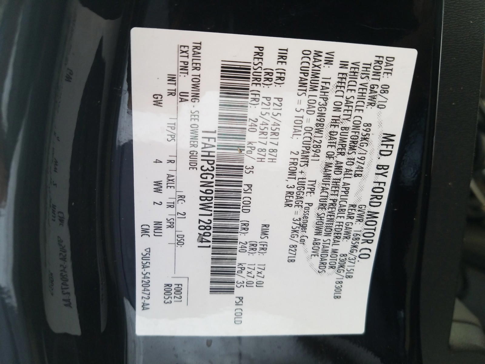 Photo 10 from auction – 2011 FORD FOCUS SES with VIN 1FAHP3GN9BW128941