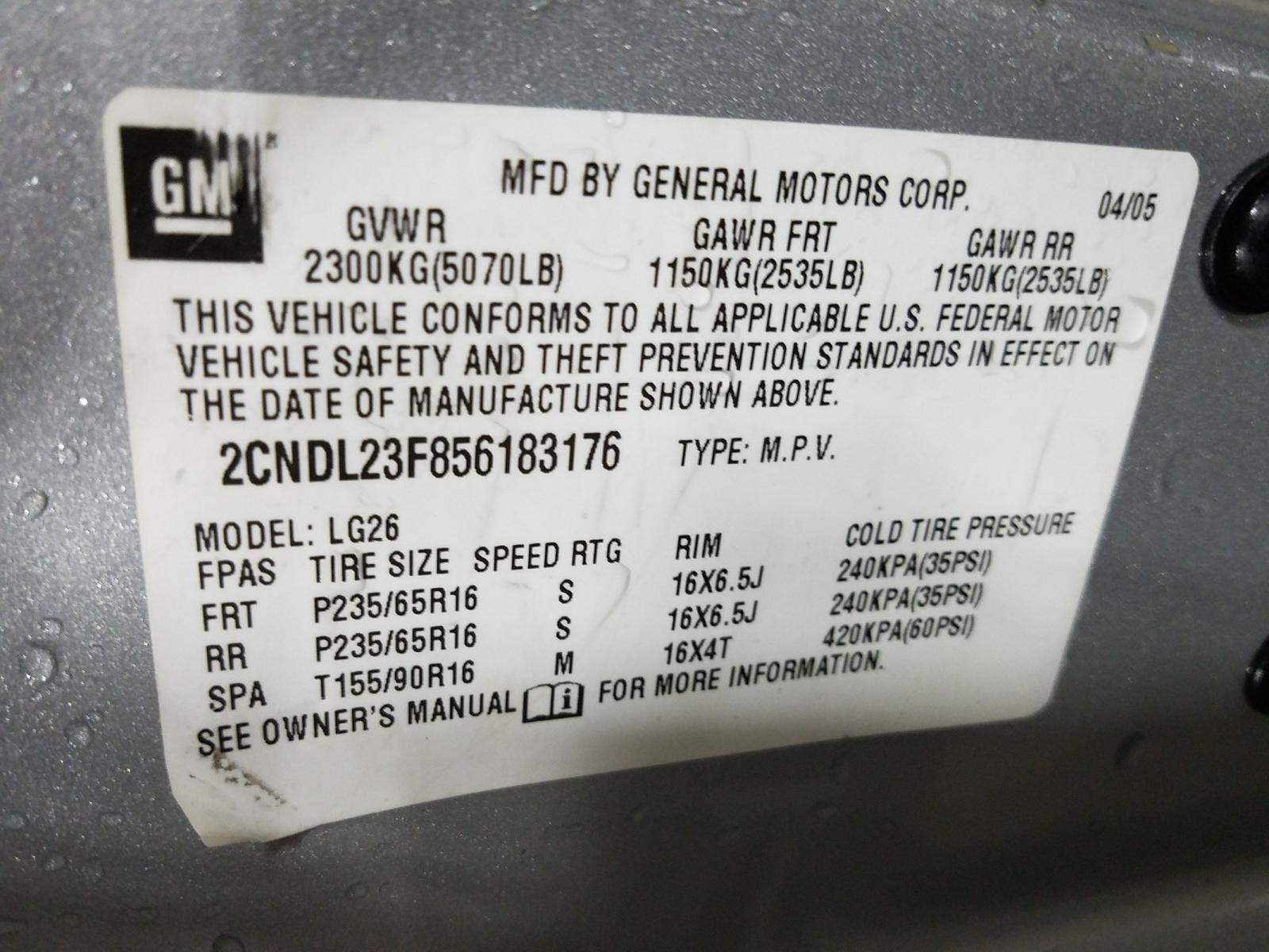 Photo 10 from auction – 2005 CHEVROLET EQUINOX LS with VIN 2CNDL23F856183176