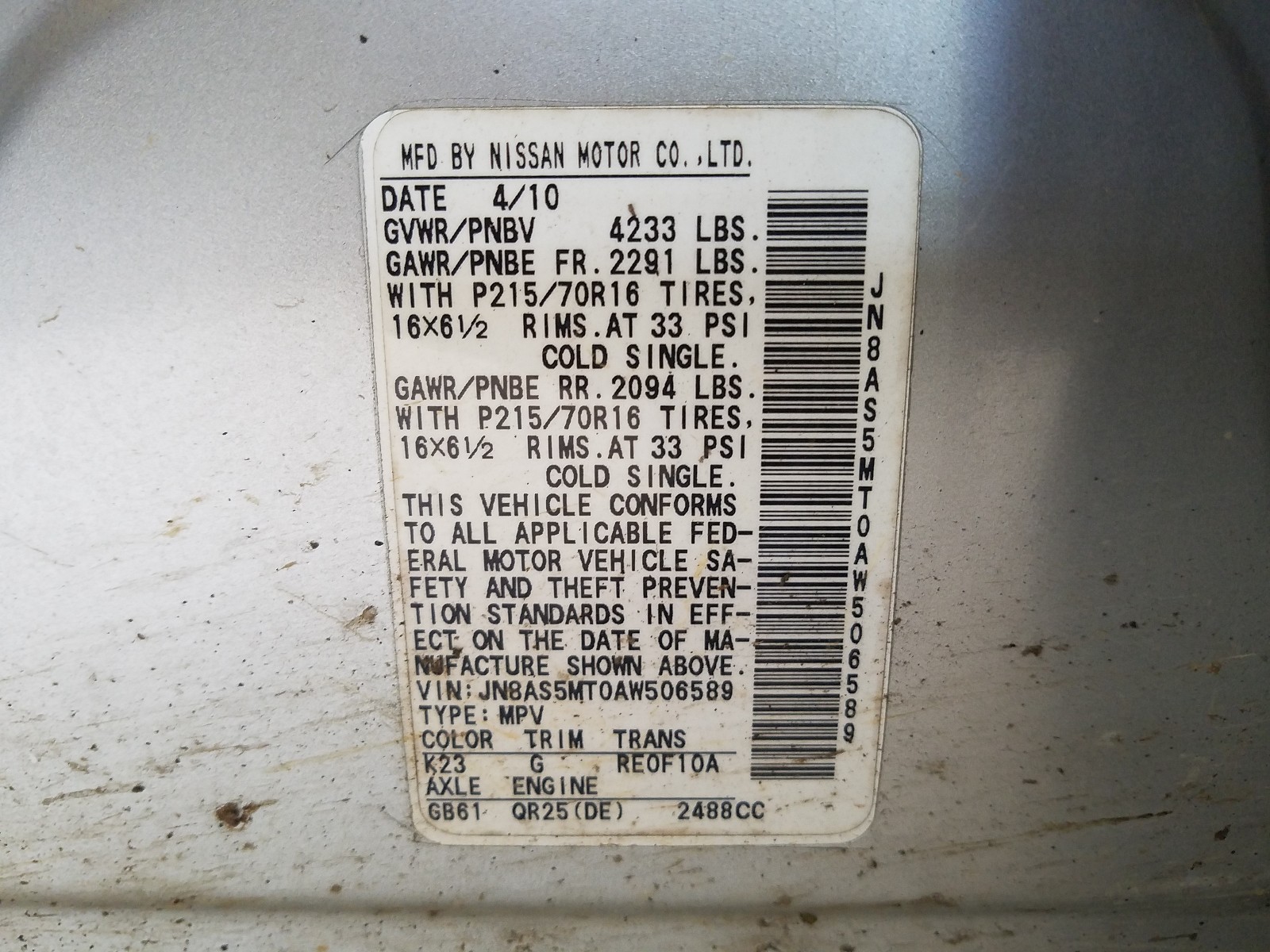 Photo 10 from auction – 2010 NISSAN ROGUE S with VIN JN8AS5MT0AW506589