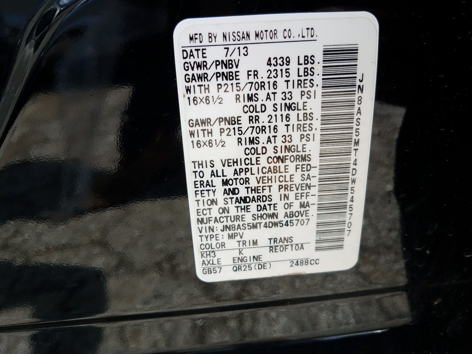 Photo 10 from auction – 2013 NISSAN ROGUE S with VIN JN8AS5MT4DW545707