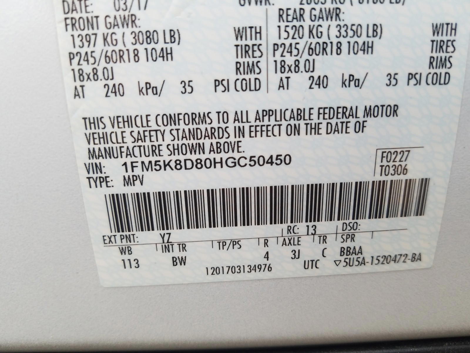 Photo 10 from auction – 2017 FORD EXPLORER X with VIN 1FM5K8D80HGC50450