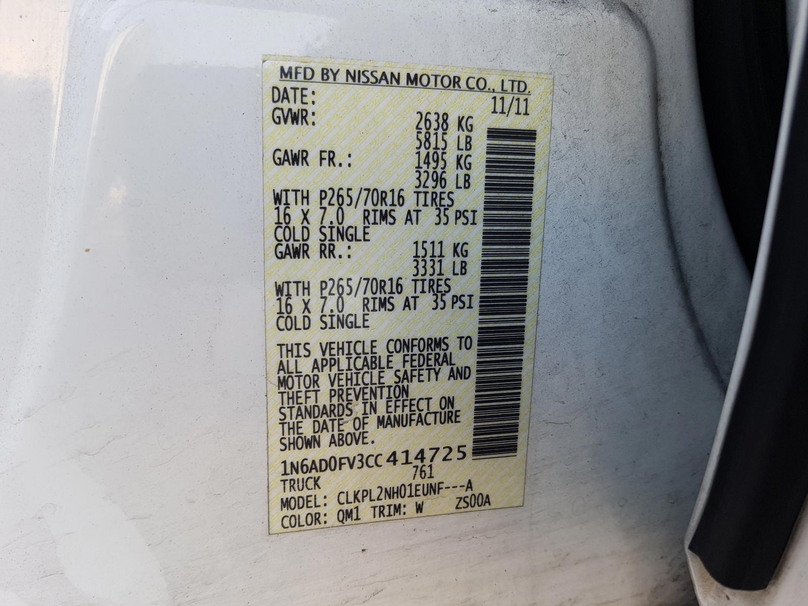 Photo 10 from auction – 2012 NISSAN FRONTIER S with VIN 1N6AD0FV3CC414725
