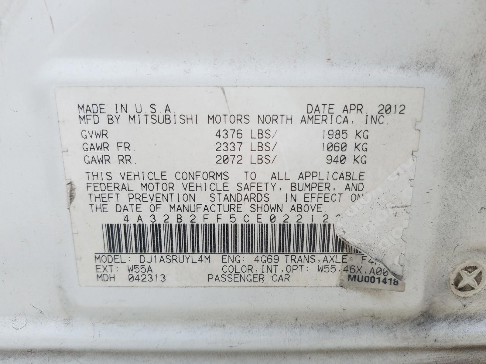 Photo 10 from auction – 2012 MITSUBISHI GALANT FE with VIN 4A32B2FF5CE022123