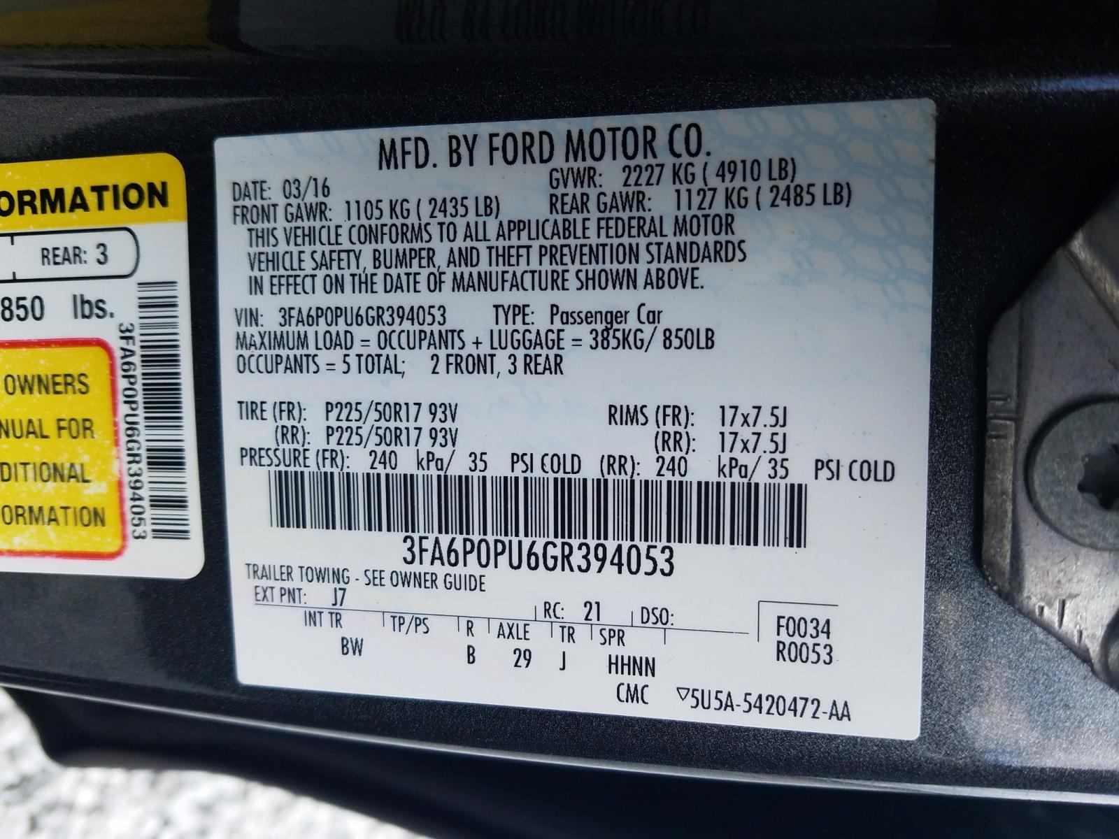 Photo 10 from auction – 2016 FORD FUSION SE with VIN 3FA6P0PU6GR394053