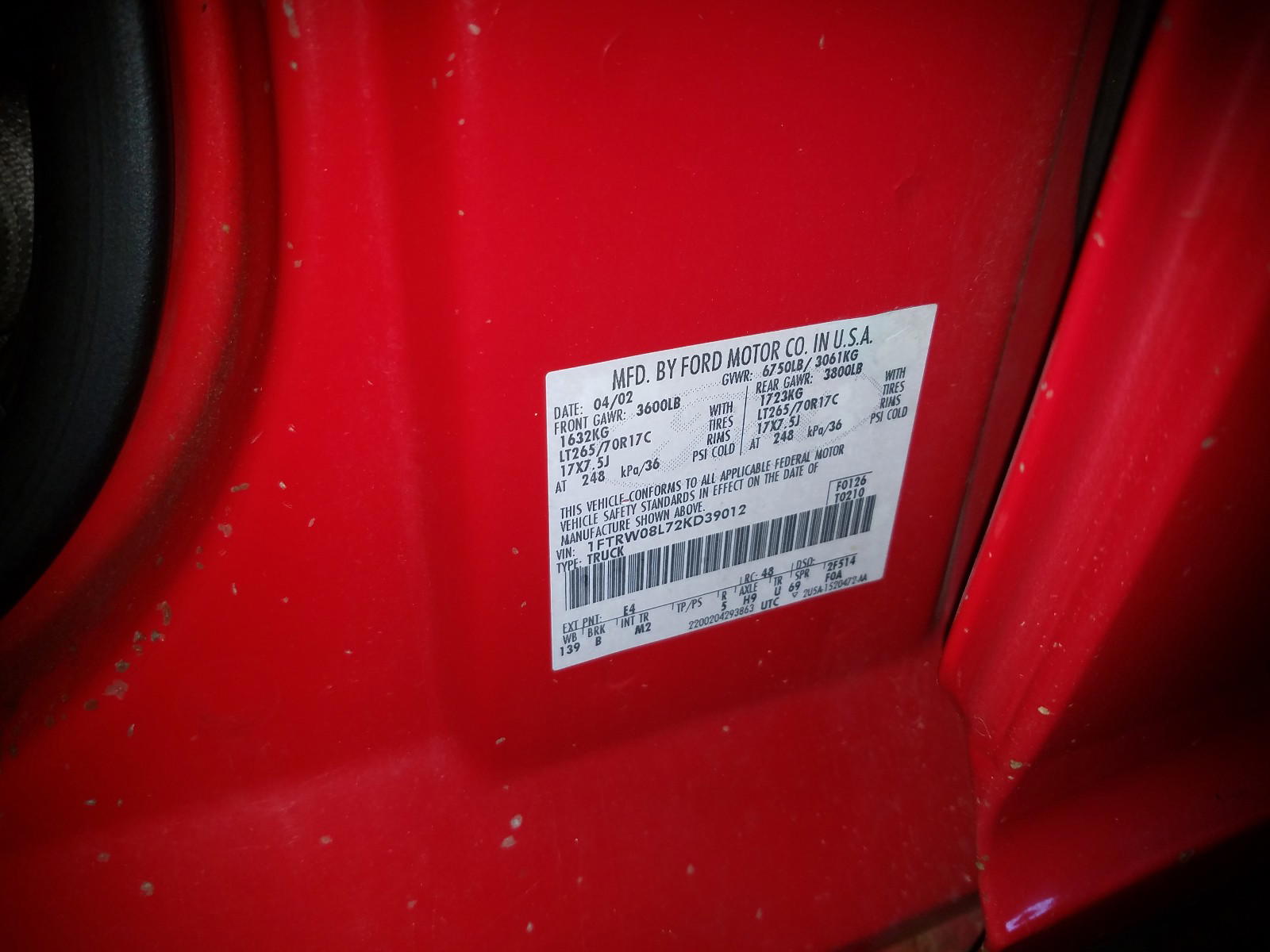 Photo 10 from auction – 2002 FORD F150 SUPER with VIN 1FTRW08L72KD39012