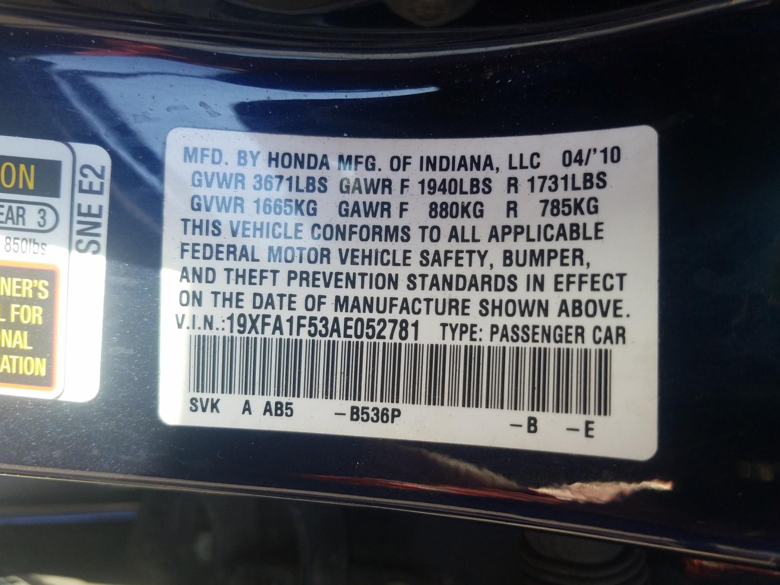 Photo 10 from auction – 2010 HONDA CIVIC LX with VIN 19XFA1F53AE052781
