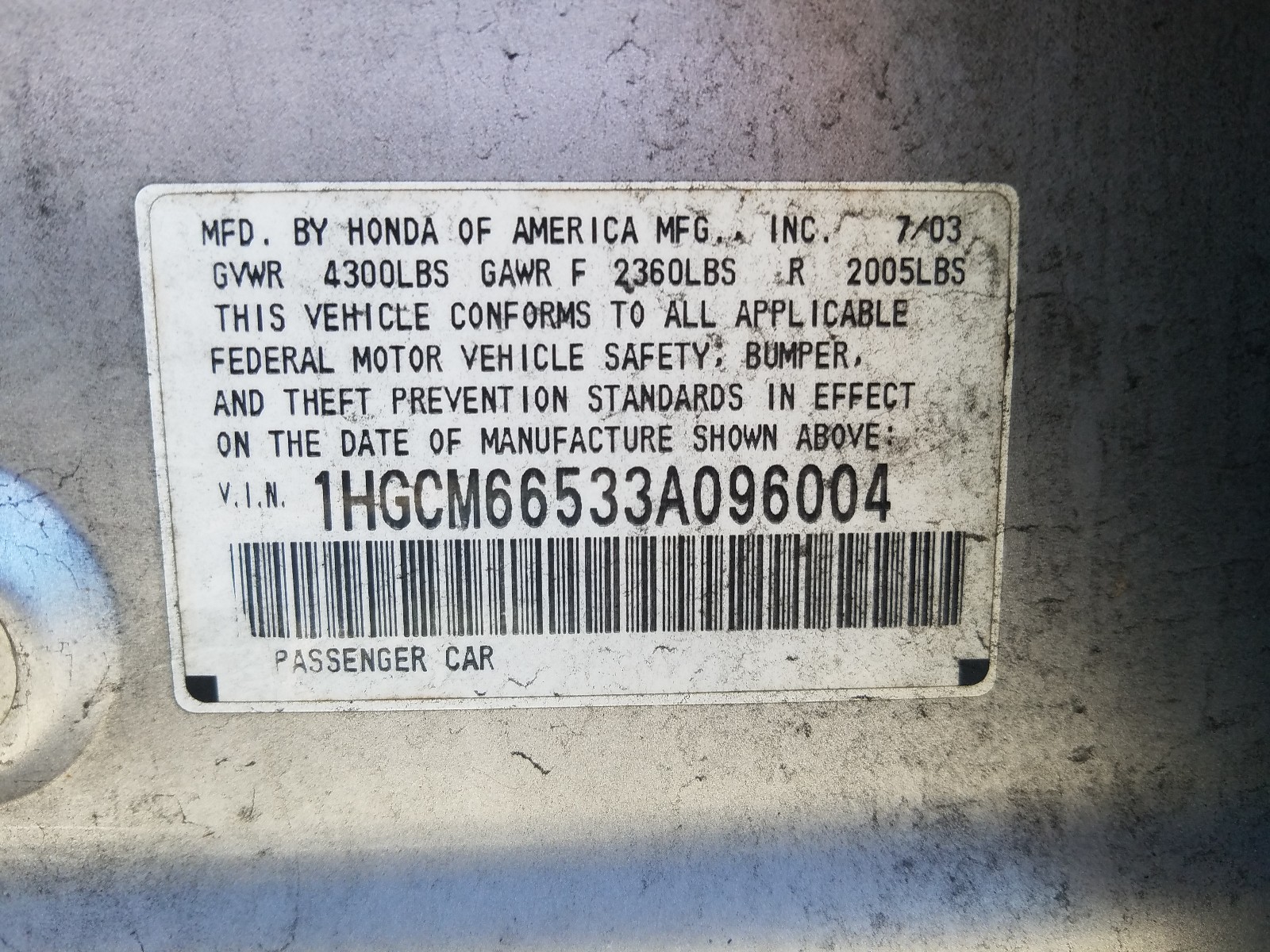 Photo 10 from auction – 2003 HONDA ACCORD EX with VIN 1HGCM66533A096004