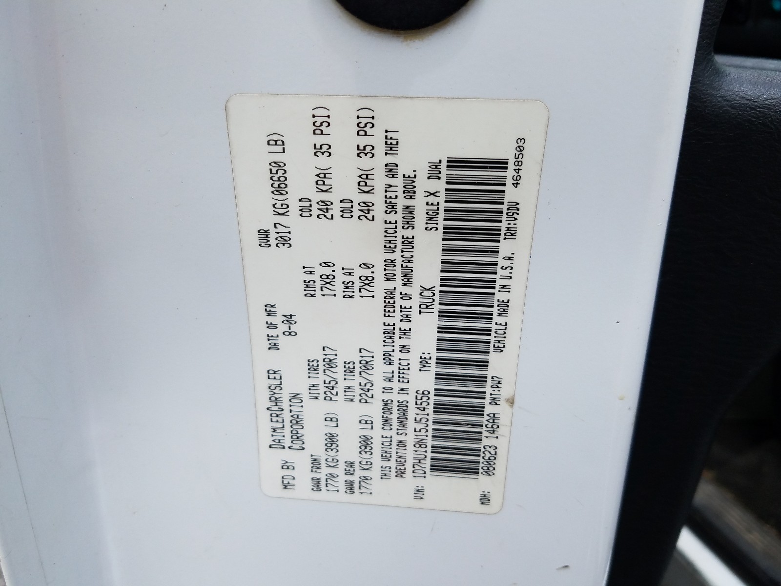 Photo 10 from auction – 2005 DODGE RAM 1500 S with VIN 1D7HU18N15J514556