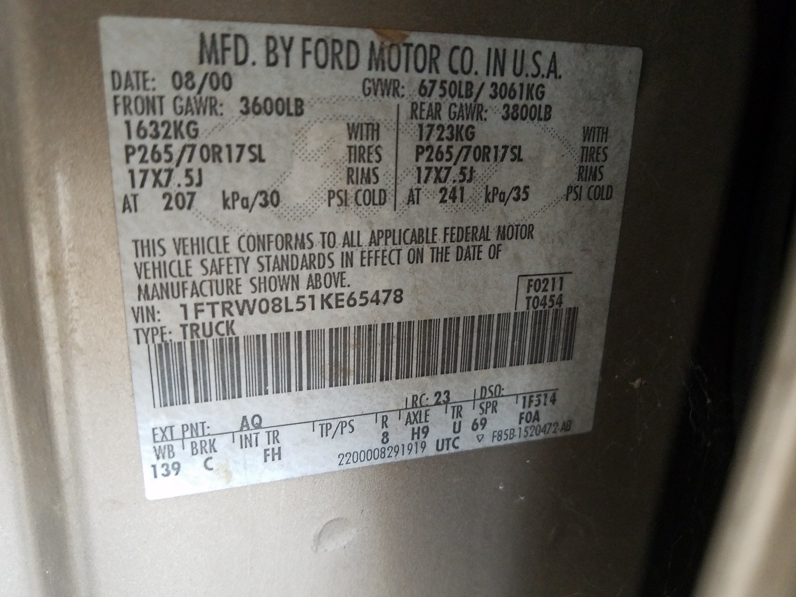 Photo 10 from auction – 2001 FORD F150 SUPER with VIN 1FTRW08L51KE65478