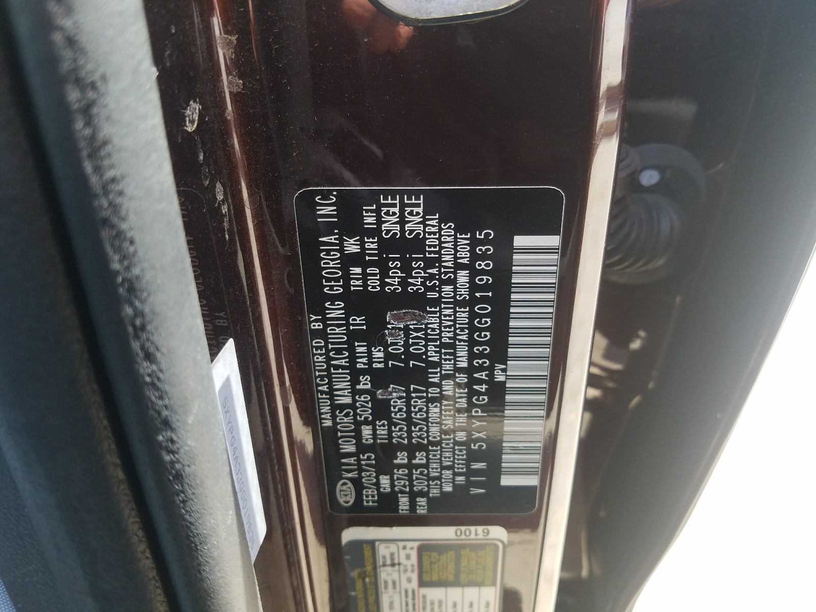 Photo 20 from auction – 2016 KIA SORENTO LX with VIN 5XYPG4A33GG019835