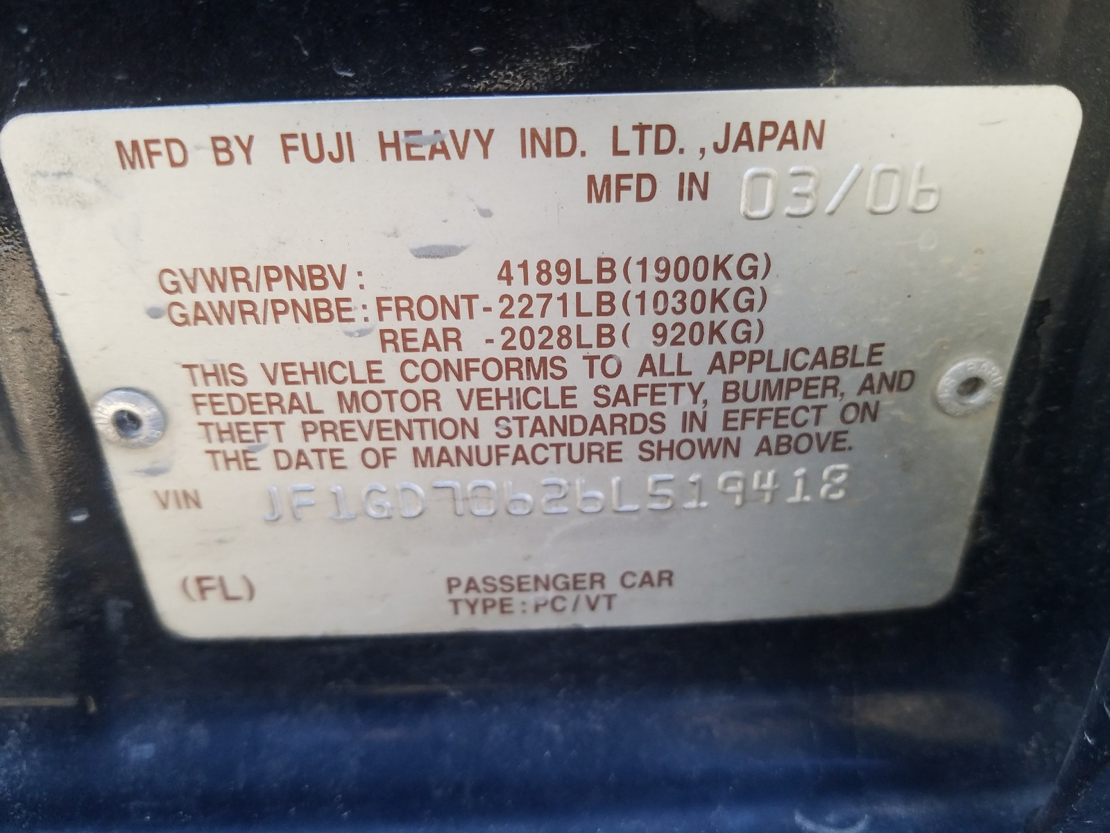 Photo 10 from auction – 2006 SUBARU IMPREZA WR with VIN JF1GD70626L519418